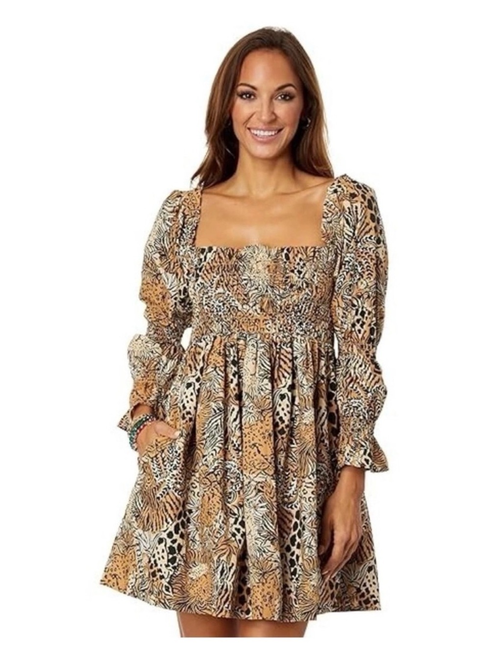 NWT Lilly Pulitzer Beyonca Smocked Square Neck Animal Print Mini Dress - Brown